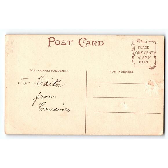 1908 Vintage Christmas Postcard Sweet Girl with Wreath & Dog Red Bow - Picture 2 of 2